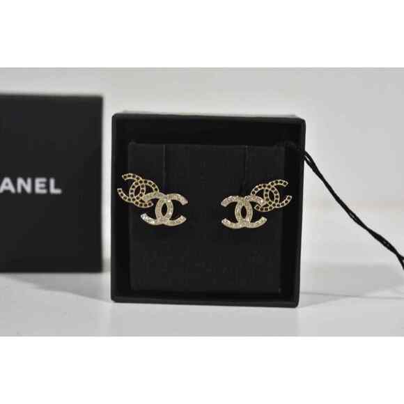 Chanel 22B Gold Black Crystal CC Double Logo Large Dangle Statement Stud Earring - Picture 6 of 12